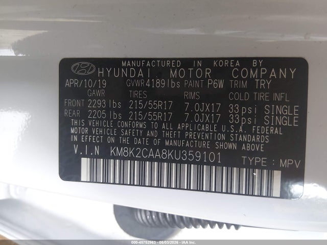 Продаж на аукціоні авто 2019 Hyundai Kona Sel, vin: KM8K2CAA8KU359101, номер лоту: 45752963