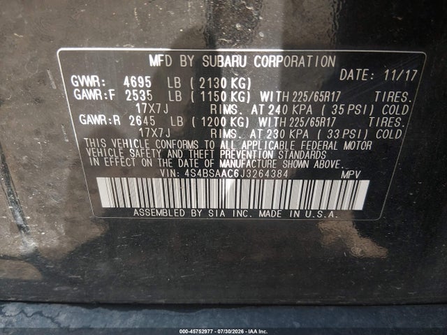 Auction sale of the 2018 Subaru Outback 2.5i, vin: 4S4BSAAC6J3264384, lot number: 45752977