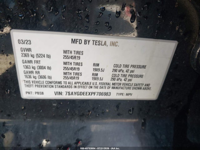 Auction sale of the 2023 Tesla Model Y Awd/long Range Dual Motor All-wheel Drive, vin: 7SAYGDEEXPF706983, lot number: 45753004