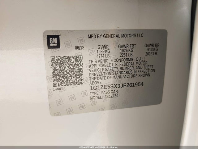 45753007 :رقم المزاد ، 1G1ZE5SX3JF261954 vin ، 2018 Chevrolet Malibu Premier مزاد بيع