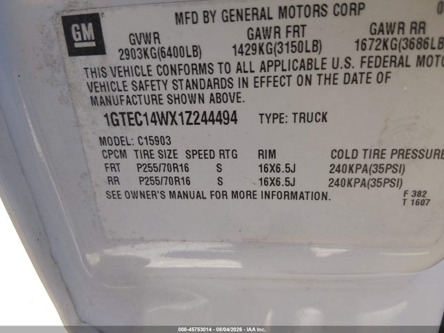 Продажа на аукционе авто 2001 Gmc Sierra 1500 Sl, vin: 1GTEC14WX1Z244494, номер лота: 45753014