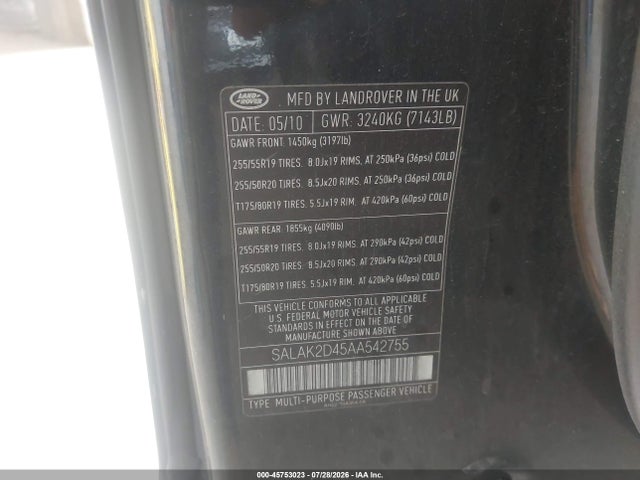 Продаж на аукціоні авто 2010 Land Rover Lr4, vin: SALAK2D45AA542755, номер лоту: 45753023