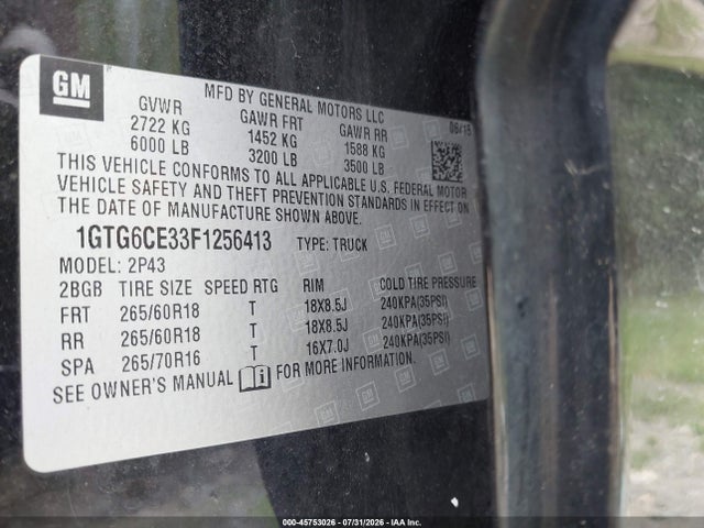 45753026 :رقم المزاد ، 1GTG6CE33F1256413 vin ، 2015 Gmc Canyon 4wd Slt مزاد بيع