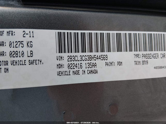 45753031 :رقم المزاد ، 2B3CL3CG3BH544569 vin ، 2011 Dodge Charger مزاد بيع