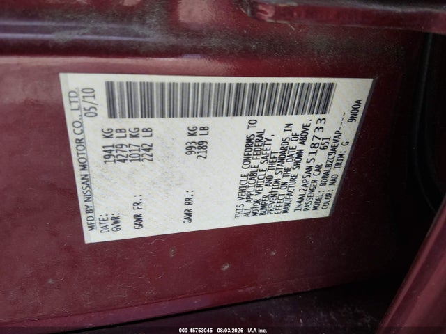 Aukcja sprzedaży 2010 Nissan Altima 2.5 S, vin: 1N4AL2AP5AN518733, numer aukcji: 45753045