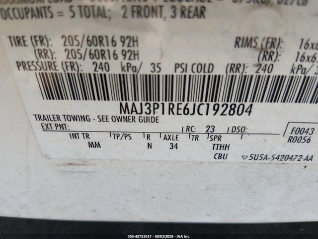 45753047 :رقم المزاد ، MAJ3P1RE6JC192804 vin ، 2018 Ford Ecosport S مزاد بيع