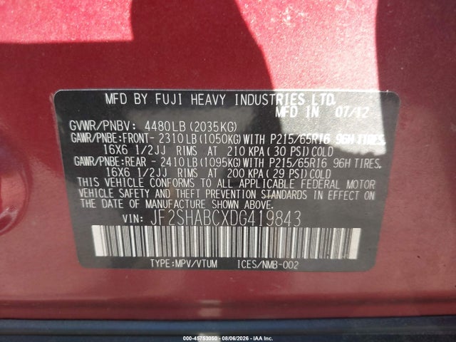 Продаж на аукціоні авто 2013 Subaru Forester 2.5x, vin: JF2SHABCXDG419843, номер лоту: 45753050