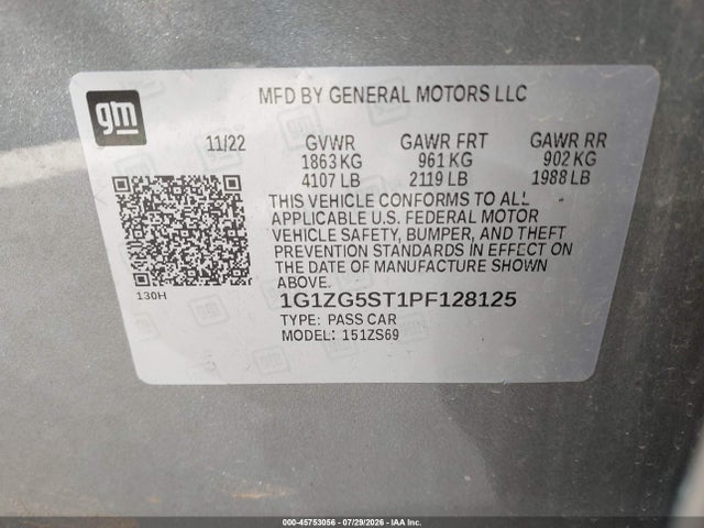 2023 Chevrolet Malibu Fwd Rs მანქანა იყიდება აუქციონზე, vin: 1G1ZG5ST1PF128125, აუქციონის ნომერი: 45753056