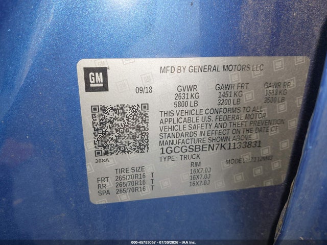 2019 Chevrolet Colorado Wt მანქანა იყიდება აუქციონზე, vin: 1GCGSBEN7K1133831, აუქციონის ნომერი: 45753057