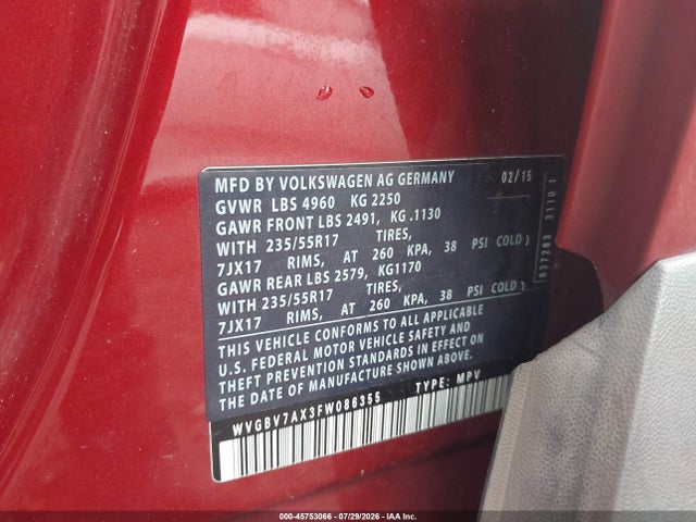 Продаж на аукціоні авто 2015 Volkswagen Tiguan Se, vin: WVGBV7AX3FW086355, номер лоту: 45753066