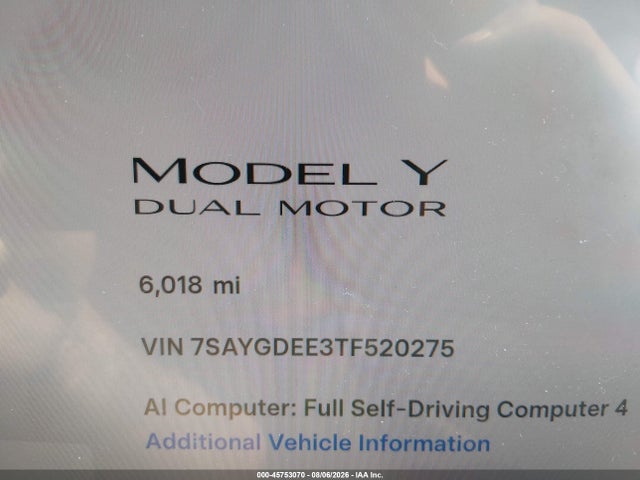 Продаж на аукціоні авто 2026 Tesla Model Y All-wheel Drive/long Range Launch Series/premium All-wheel Drive, vin: 7SAYGDEE3TF520275, номер лоту: 45753070