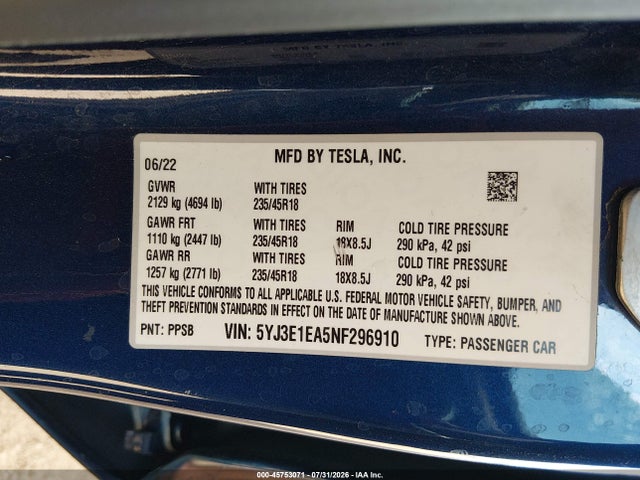 Tesla Model 3 Rear-wheel Drive 2022 5YJ3E1EA5NF296910 Image 9
