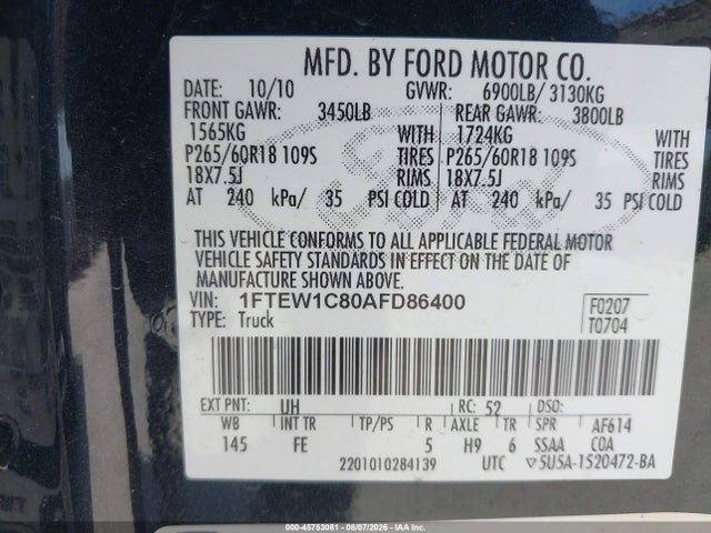 Aukcja sprzedaży 2010 Ford F-150 Fx2 Sport/xl/xlt, vin: 1FTEW1C80AFD86400, numer aukcji: 45753081
