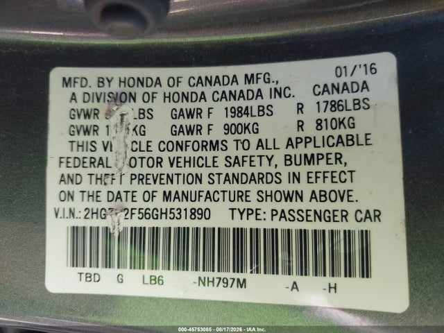 Honda Civic Lx 2016 2HGFC2F56GH531890 Image 9