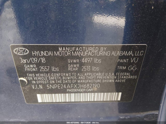 2018 Hyundai Sonata Se მანქანა იყიდება აუქციონზე, vin: 5NPE24AFXJH682190, აუქციონის ნომერი: 45753092