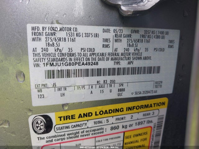 Продажа на аукционе авто 2023 Ford Expedition Xl, vin: 1FMJU1G80PEA49248, номер лота: 45753104