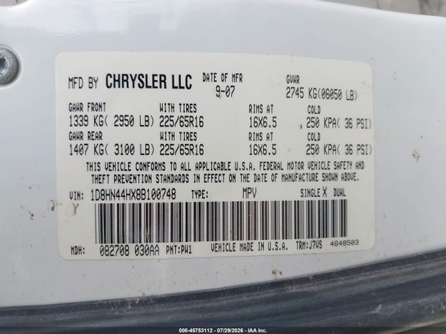 45753112 :رقم المزاد ، 1D8HN44HX8B100748 vin ، 2008 Dodge Grand Caravan Se مزاد بيع