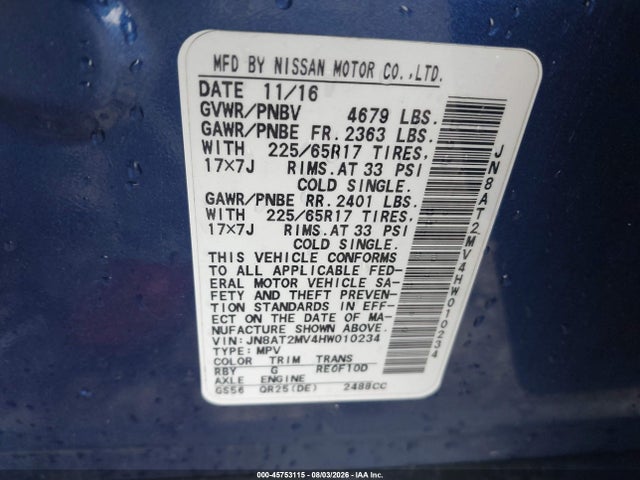 Aukcja sprzedaży 2017 Nissan Rogue S, vin: JN8AT2MV4HW010234, numer aukcji: 45753115