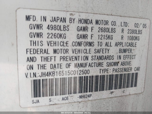 Продаж на аукціоні авто 2005 Acura Rl 3.5, vin: JH4KB16515C012500, номер лоту: 45753139