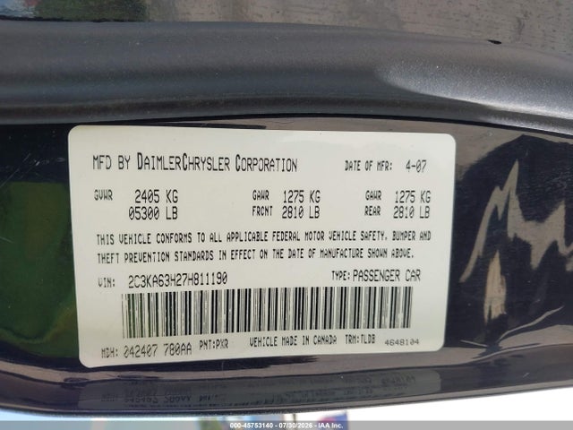 Aukcja sprzedaży 2007 Chrysler 300c, vin: 2C3KA63H27H811190, numer aukcji: 45753140