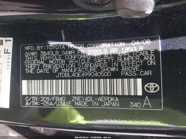 45753141 :رقم المزاد ، JTDBL40E499040500 vin ، 2009 Toyota Corolla Le مزاد بيع