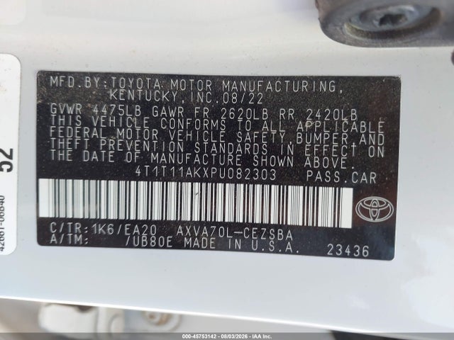 45753142 :رقم المزاد ، 4T1T11AKXPU082303 vin ، 2023 Toyota Camry Se مزاد بيع