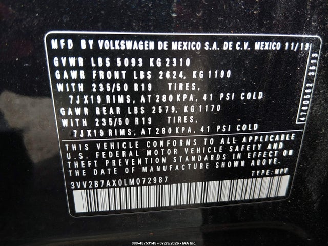 45753145 :رقم المزاد ، 3VV2B7AX0LM072987 vin ، 2020 Volkswagen Tiguan مزاد بيع