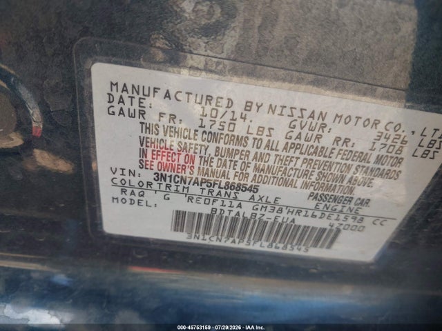 3N1CN7AP5FL868545 Nissan Versa 1.6 Sv