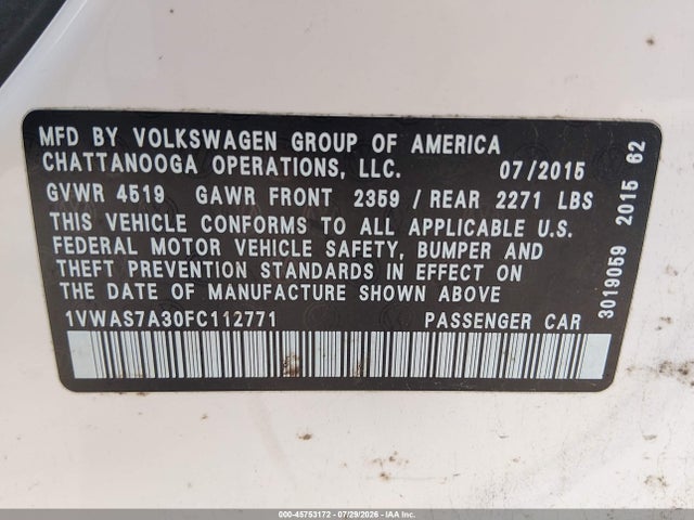 Продаж на аукціоні авто 2015 Volkswagen Passat 1.8t Limited Edition, vin: 1VWAS7A30FC112771, номер лоту: 45753172