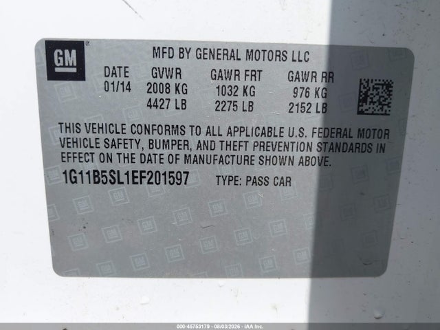 45753179 :رقم المزاد ، 1G11B5SL1EF201597 vin ، 2014 Chevrolet Malibu 1ls مزاد بيع
