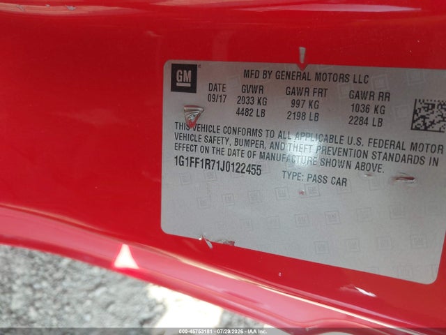 45753181 :رقم المزاد ، 1G1FF1R71J0122455 vin ، 2018 Chevrolet Camaro 1ss مزاد بيع