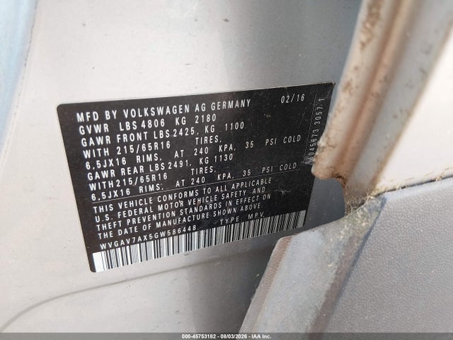 WVGAV7AX5GW586448 Volkswagen TIGUAN S