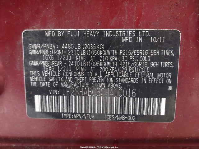 Продаж на аукціоні авто 2012 Subaru Forester 2.5x, vin: JF2SHABC6CH410016, номер лоту: 45753186