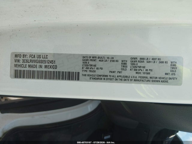 Auction sale of the 2025 Ram Promaster 2500, vin: 3C6LRVVG6SE512451, lot number: 45753187