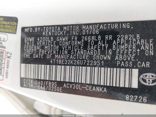 2006 Toyota Camry Le მანქანა იყიდება აუქციონზე, vin: 4T1BE32K26U722951, აუქციონის ნომერი: 45753189