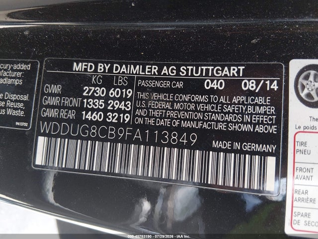 2015 Mercedes-benz S 550 მანქანა იყიდება აუქციონზე, vin: WDDUG8CB9FA113849, აუქციონის ნომერი: 45753190