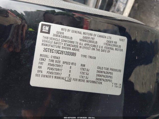 Aukcja sprzedaży 2008 Gmc Sierra 1500 Work Truck, vin: 2GTEC13C281203089, numer aukcji: 45753205