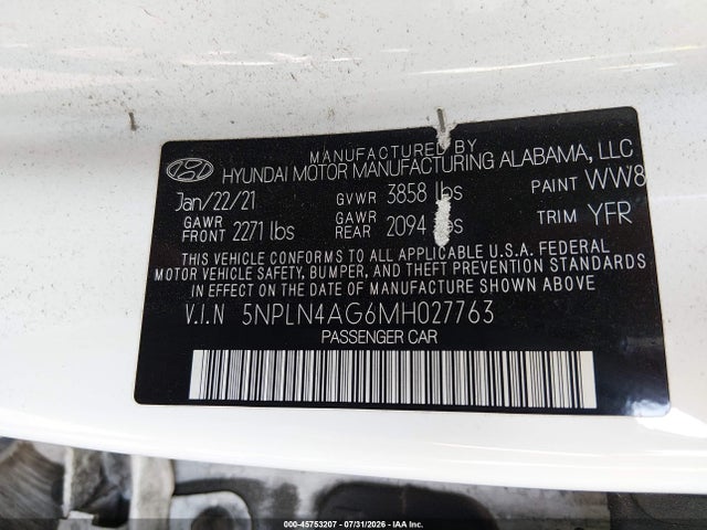Aukcja sprzedaży 2021 Hyundai Elantra Sel, vin: 5NPLN4AG6MH027763, numer aukcji: 45753207