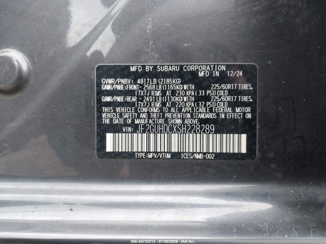 2025 Subaru Crosstrek Premium მანქანა იყიდება აუქციონზე, vin: JF2GUHDCXSH228289, აუქციონის ნომერი: 45753213