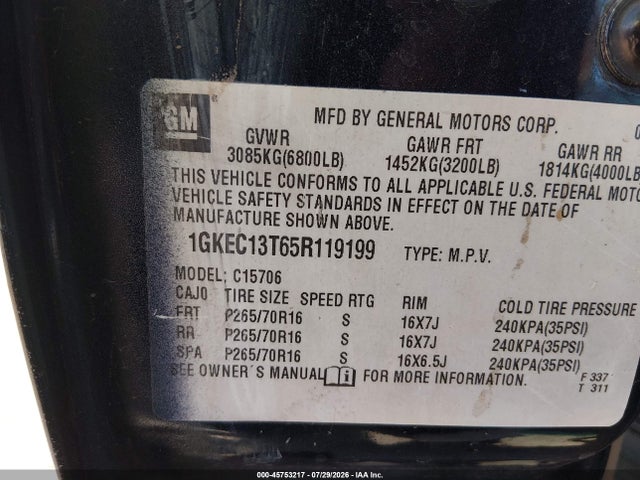 Продаж на аукціоні авто 2005 Gmc Yukon Sle, vin: 1GKEC13T65R119199, номер лоту: 45753217
