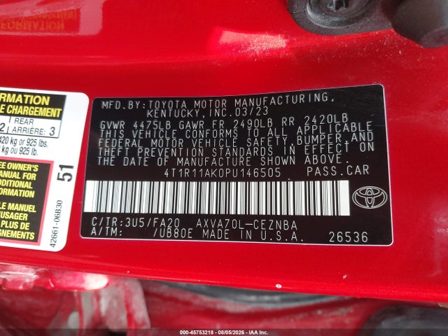 45753218 :رقم المزاد ، 4T1R11AK0PU146505 vin ، 2023 Toyota Camry Le مزاد بيع