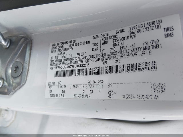 45753223 :رقم المزاد ، 1FMCU9J97HUA32222 vin ، 2017 Ford Escape Titanium مزاد بيع