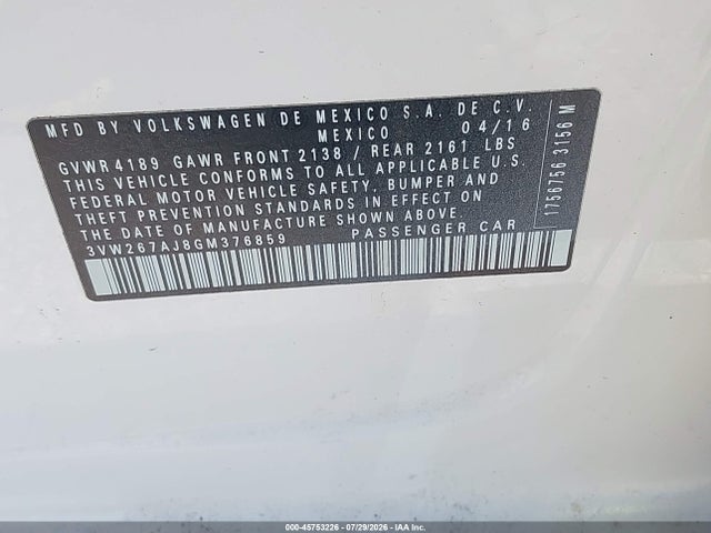 Продажа на аукционе авто 2016 Volkswagen Jetta 1.4t S, vin: 3VW267AJ8GM376859, номер лота: 45753226