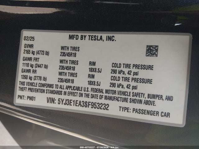 Продаж на аукціоні авто 2025 Tesla Model 3 Long Range Rear-wheel Drive/standard Rear-wheel Drive, vin: 5YJ3E1EA3SF953232, номер лоту: 45753227
