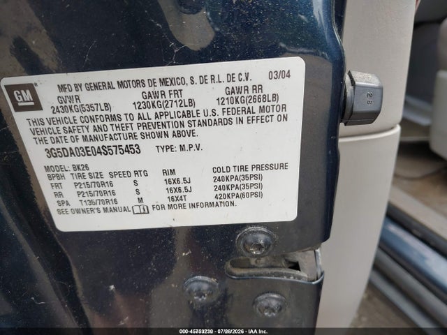 2004 Buick Rendezvous Cx მანქანა იყიდება აუქციონზე, vin: 3G5DA03E04S575453, აუქციონის ნომერი: 45753230