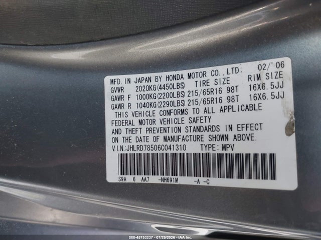 Aukcja sprzedaży 2006 Honda Cr-v Lx, vin: JHLRD78506C041310, numer aukcji: 45753237