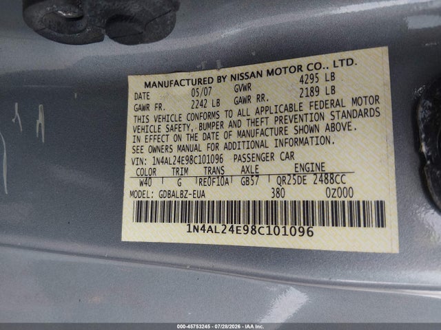 2008 Nissan Altima 2.5 S მანქანა იყიდება აუქციონზე, vin: 1N4AL24E98C101096, აუქციონის ნომერი: 45753245