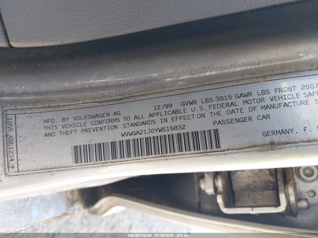 2000 Volkswagen Golf Gls მანქანა იყიდება აუქციონზე, vin: WVWGA21J0YW515832, აუქციონის ნომერი: 45753249