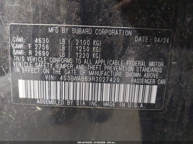 45753252 :رقم المزاد ، 4S3BWAB69R3027420 vin ، 2024 Subaru Legacy مزاد بيع
