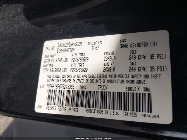 Aukcja sprzedaży 2007 Dodge Ram 1500 Slt, vin: 1D7HA18P67S249365, numer aukcji: 45753253